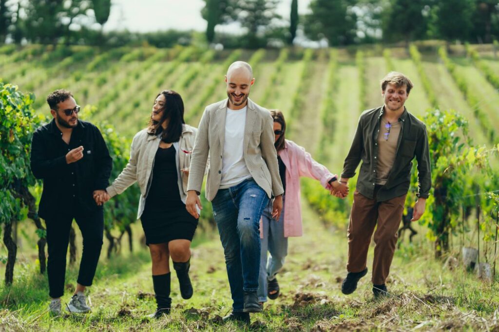 people walking in the vineyards
