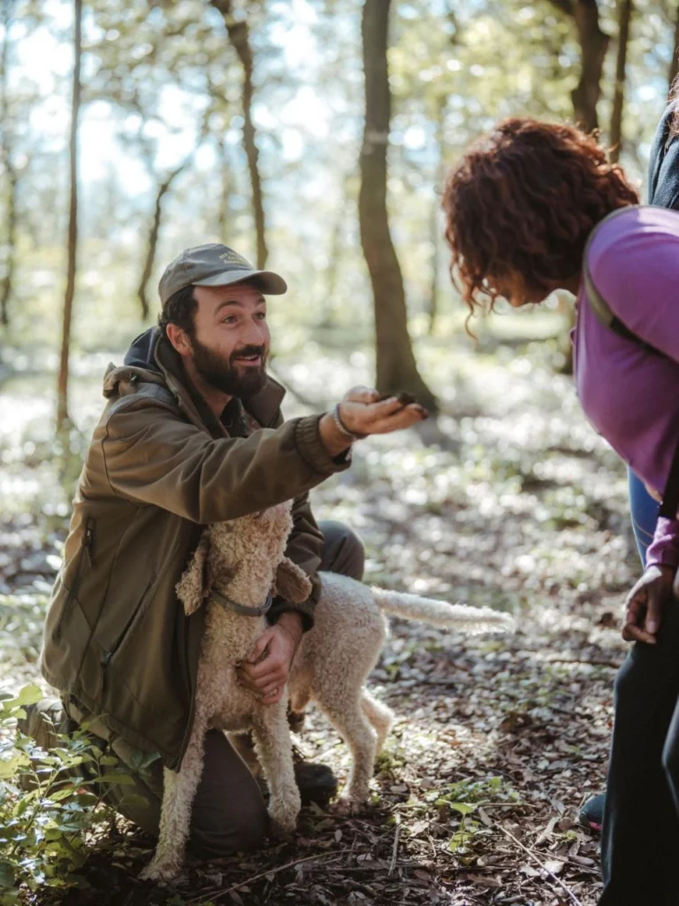 people founding truffle with dog