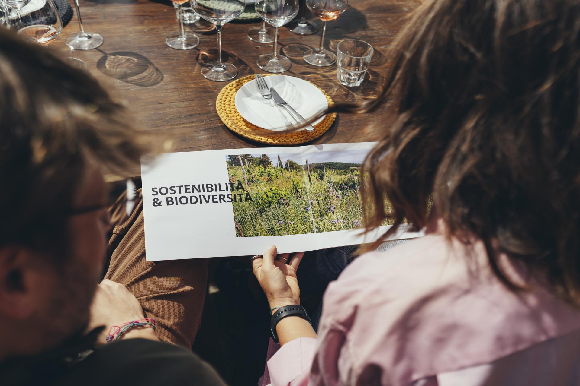Guests reading an estate brochure about sustainability and biodiversity during a Chianti Classico tasting