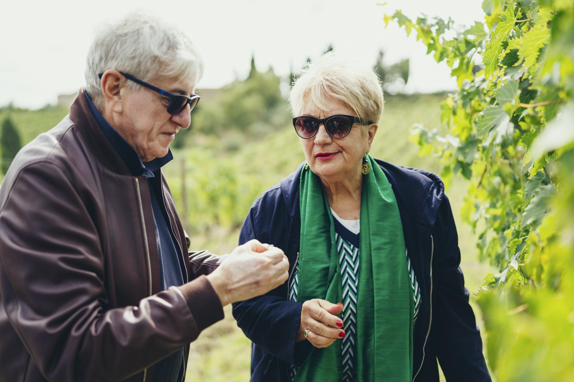 Two guests examining grapes on the vine during a walk through a Tuscan vineyard