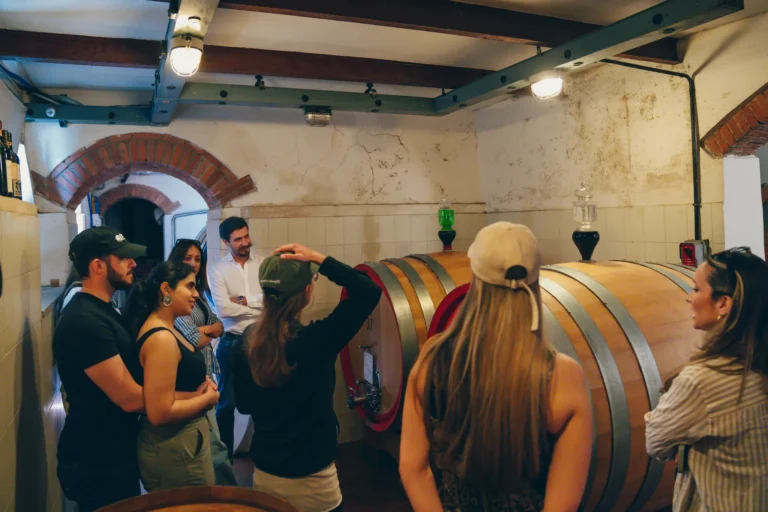 Small group visiting the barrel cellar of a Chianti winery