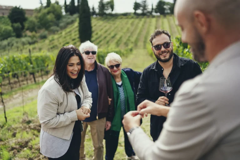Small group wine tasting among the vineyards in Chianti